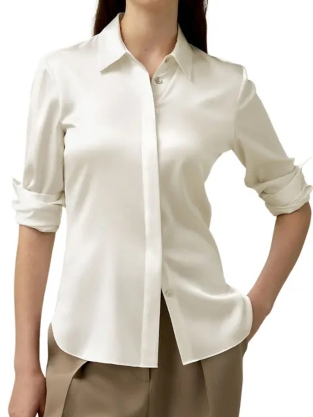Nordstrom Women's Cream Button-Down Shirt - Classic Collared Top (Silk Blend)